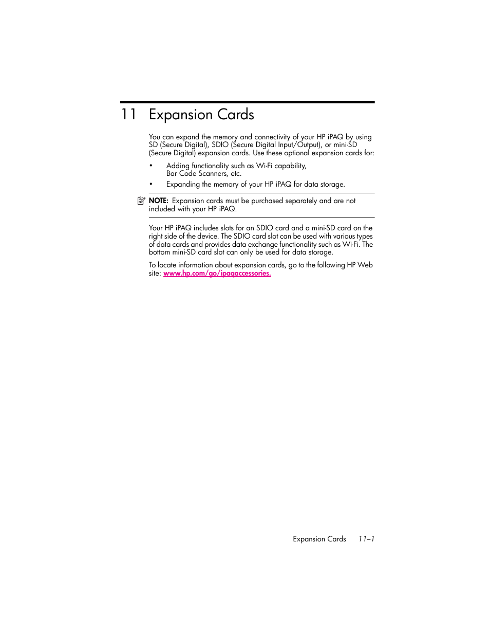 Expansion cards, 11expansion cards, 11 expansion cards | HP iPAQ hw6500 User Manual | Page 118 / 170