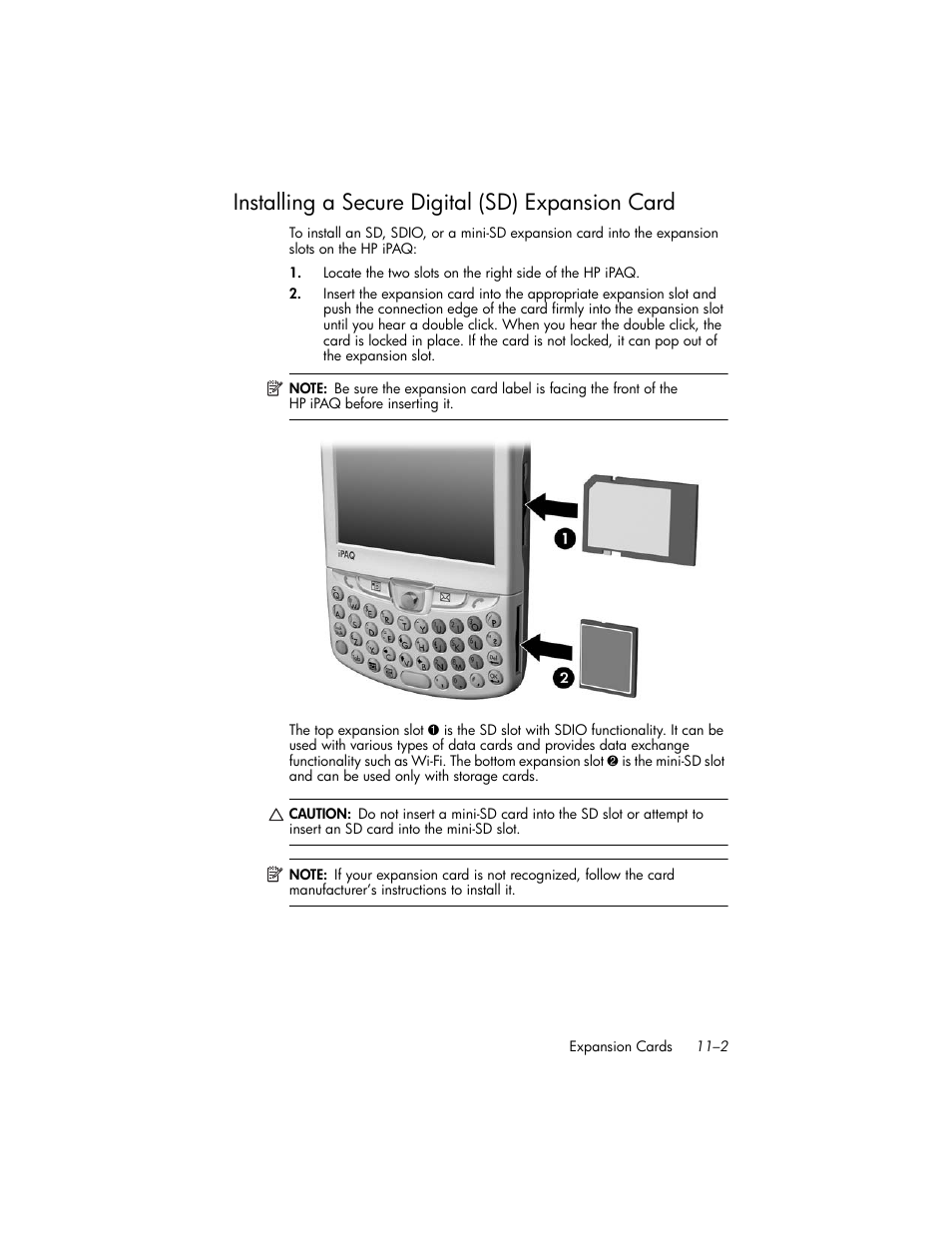 Installing a secure digital (sd) expansion card, Installing a secure digital (sd) expansion card –2 | HP iPAQ hw6500 User Manual | Page 119 / 170