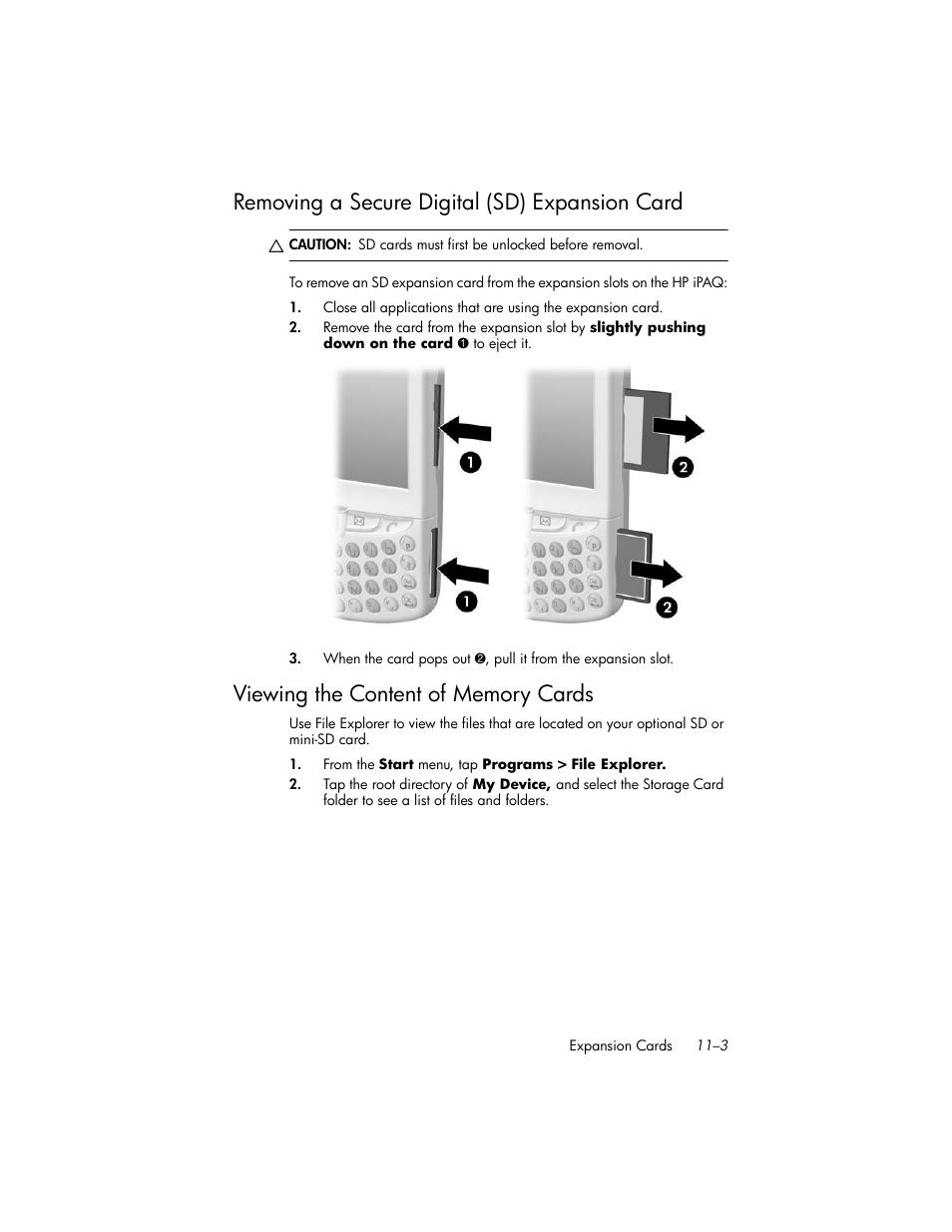 Removing a secure digital (sd) expansion card, Viewing the content of memory cards, Removing a secure digital (sd) expansion card –3 | Viewing the content of memory cards –3 | HP iPAQ hw6500 User Manual | Page 120 / 170