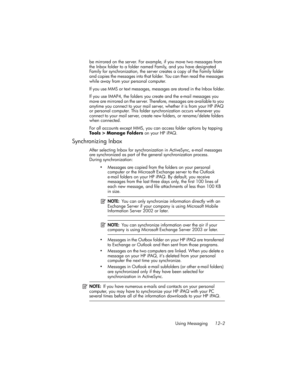 Synchronizing inbox, Synchronizing inbox –2 | HP iPAQ hw6500 User Manual | Page 122 / 170