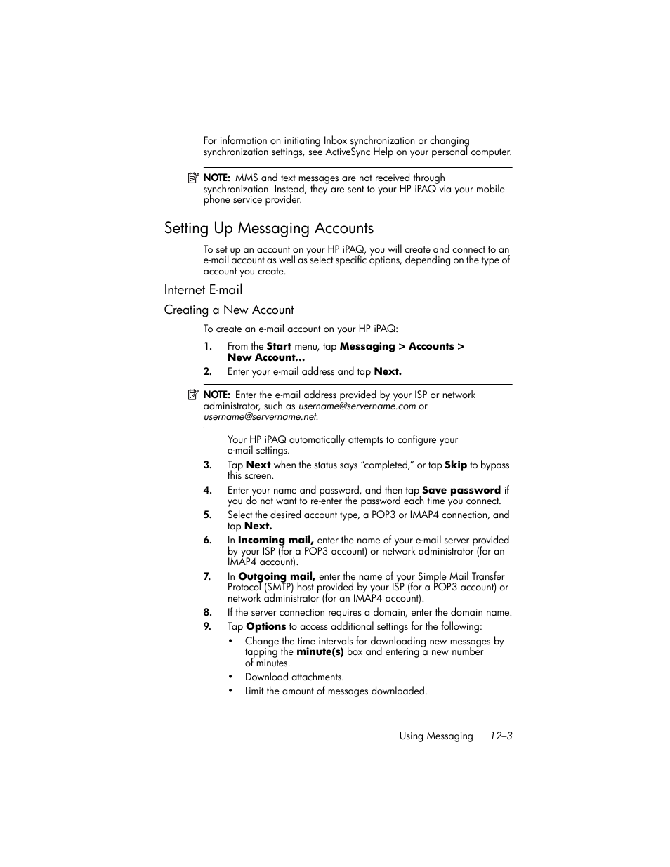 Setting up messaging accounts, Internet e-mail, Creating a new account | Setting up messaging accounts –3, Internet e-mail –3 | HP iPAQ hw6500 User Manual | Page 123 / 170