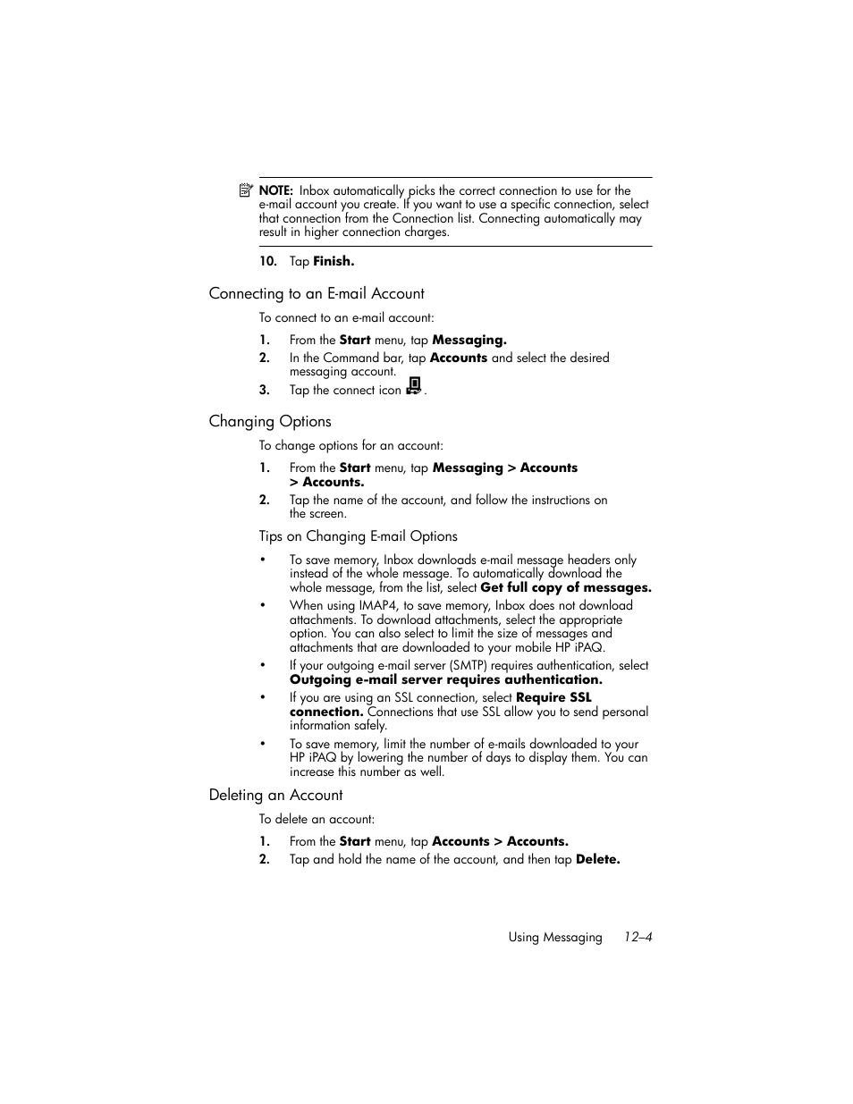 Connecting to an e-mail account, Changing options, Deleting an account | HP iPAQ hw6500 User Manual | Page 124 / 170