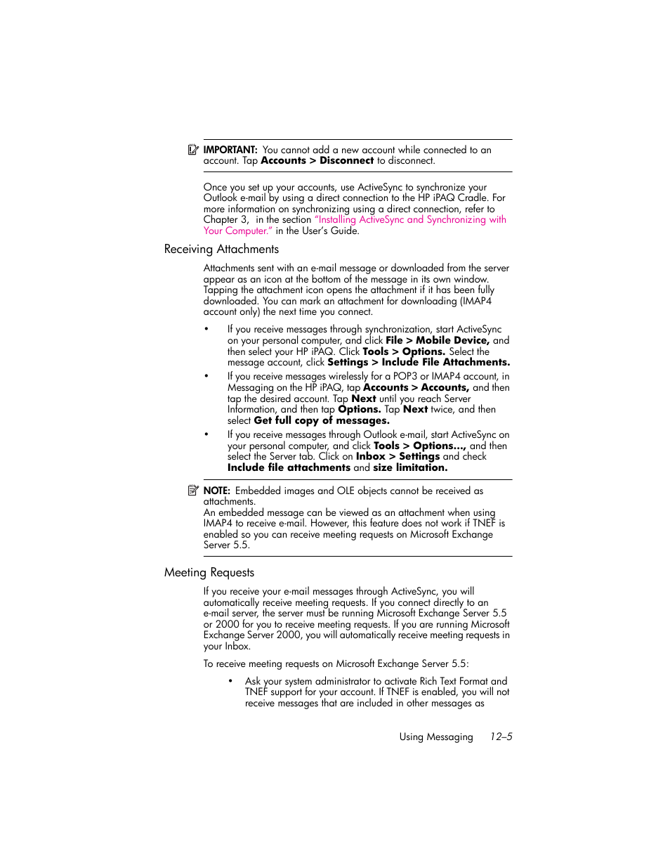 Receiving attachments, Meeting requests | HP iPAQ hw6500 User Manual | Page 125 / 170