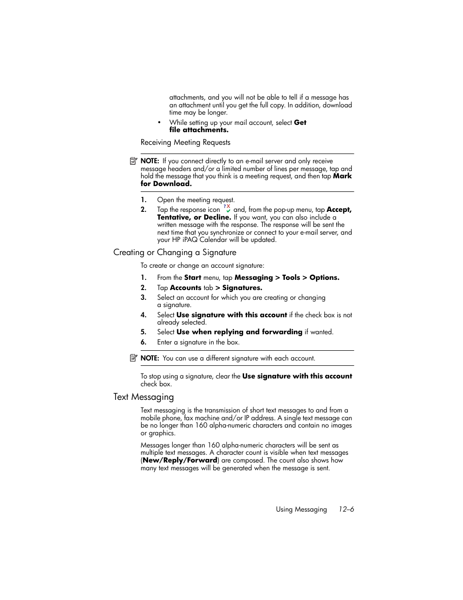 Creating or changing a signature, Text messaging, Text messaging –6 | HP iPAQ hw6500 User Manual | Page 126 / 170