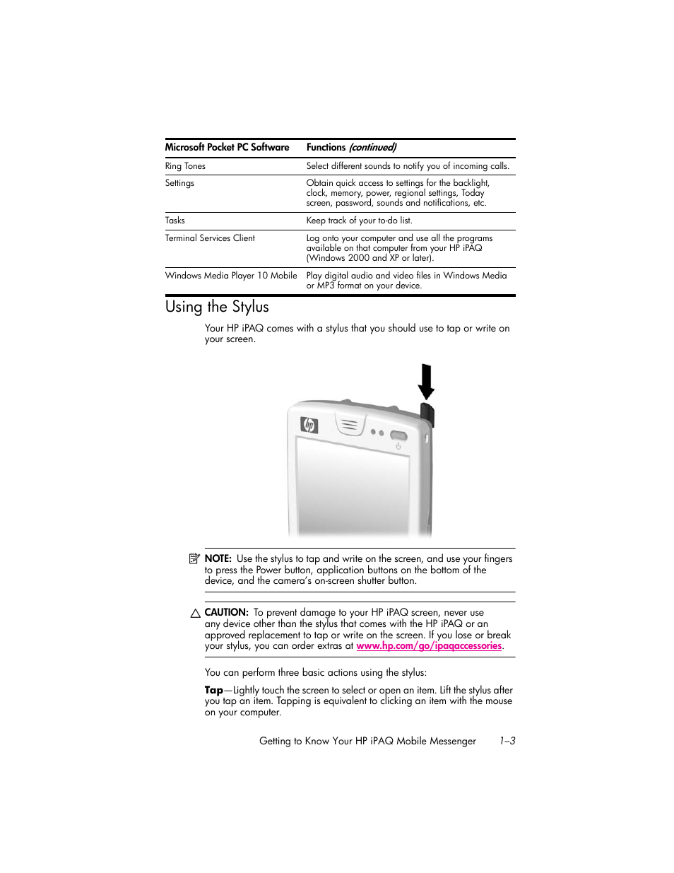 Using the stylus, Using the stylus –3 | HP iPAQ hw6500 User Manual | Page 13 / 170