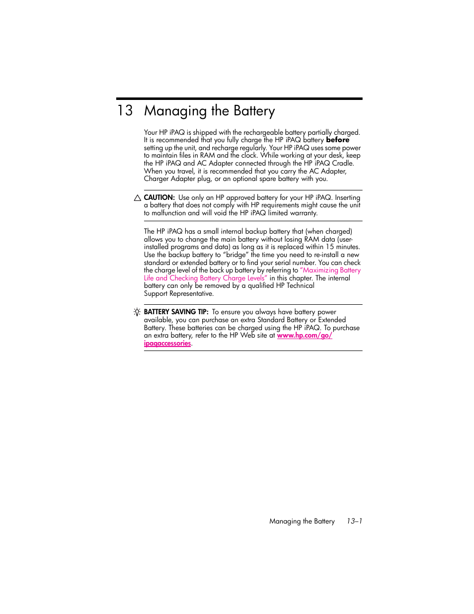 Managing the battery, 13managing the battery, 13 managing the battery | HP iPAQ hw6500 User Manual | Page 133 / 170