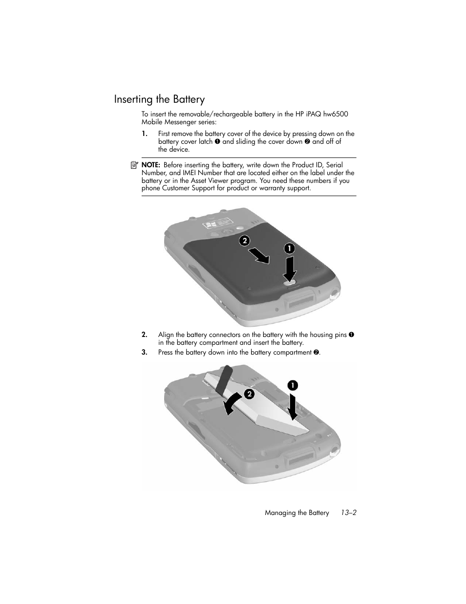 Inserting the battery, Inserting the battery –2 | HP iPAQ hw6500 User Manual | Page 134 / 170