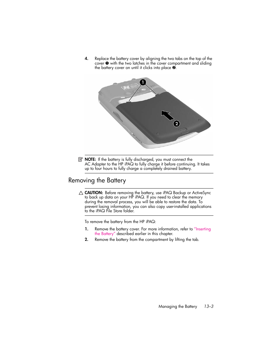 Removing the battery, Removing the battery –3 | HP iPAQ hw6500 User Manual | Page 135 / 170