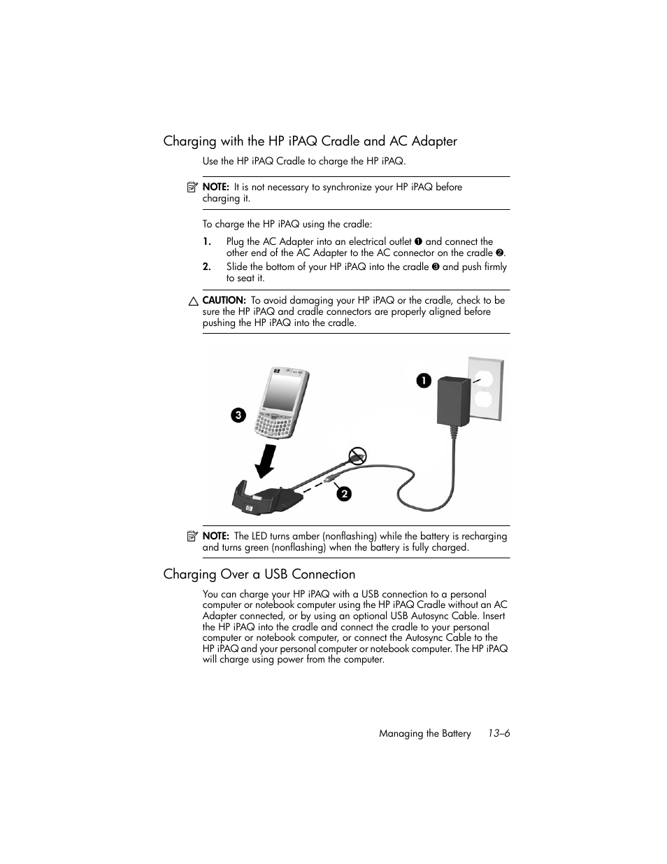 Charging with the hp ipaq cradle and ac adapter, Charging over a usb connection, Charging with the hp ipaq cradle and ac adapter –6 | Charging over a usb connection –6 | HP iPAQ hw6500 User Manual | Page 138 / 170