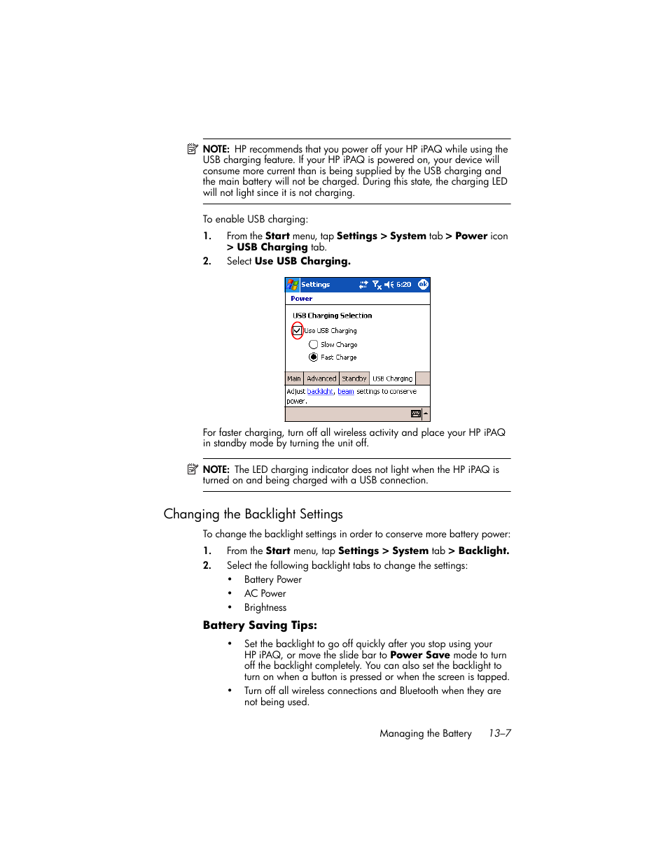 Changing the backlight settings, Changing the backlight settings –7 | HP iPAQ hw6500 User Manual | Page 139 / 170