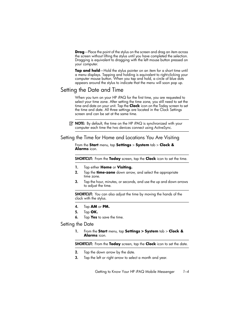 Setting the date and time, Setting the date, Setting the date and time –4 | Setting the date –4 | HP iPAQ hw6500 User Manual | Page 14 / 170