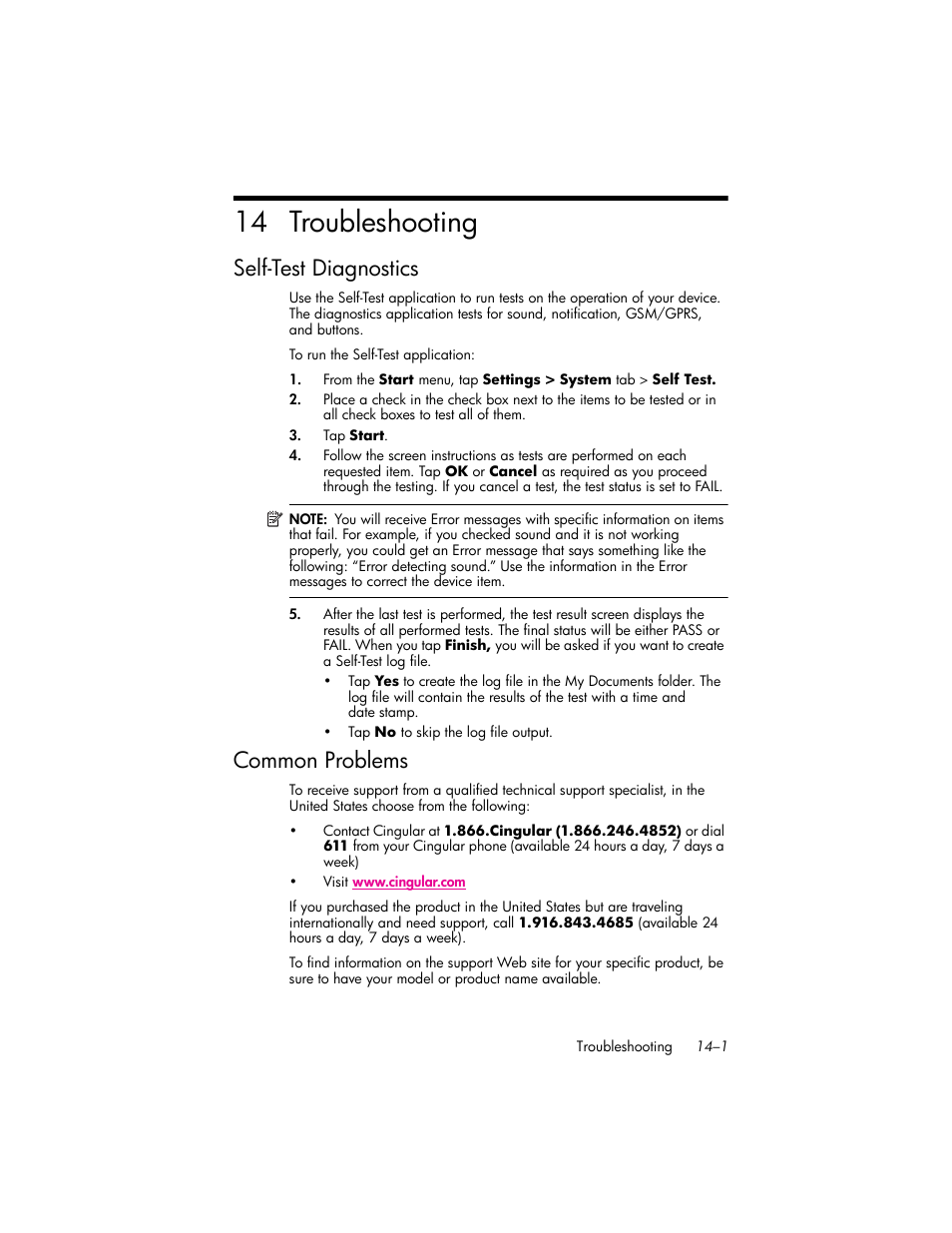 Troubleshooting, Self-test diagnostics, Common problems | 14troubleshooting, Self-test diagnostics –1, Common problems –1, 14 troubleshooting | HP iPAQ hw6500 User Manual | Page 143 / 170