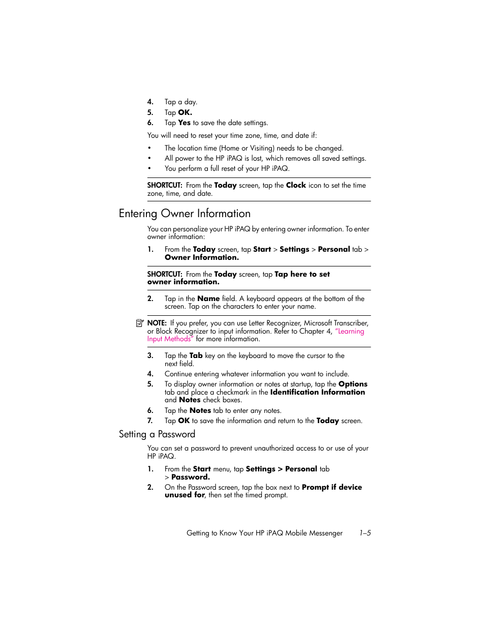 Entering owner information, Setting a password, Entering owner information –5 | Setting a password –5 | HP iPAQ hw6500 User Manual | Page 15 / 170