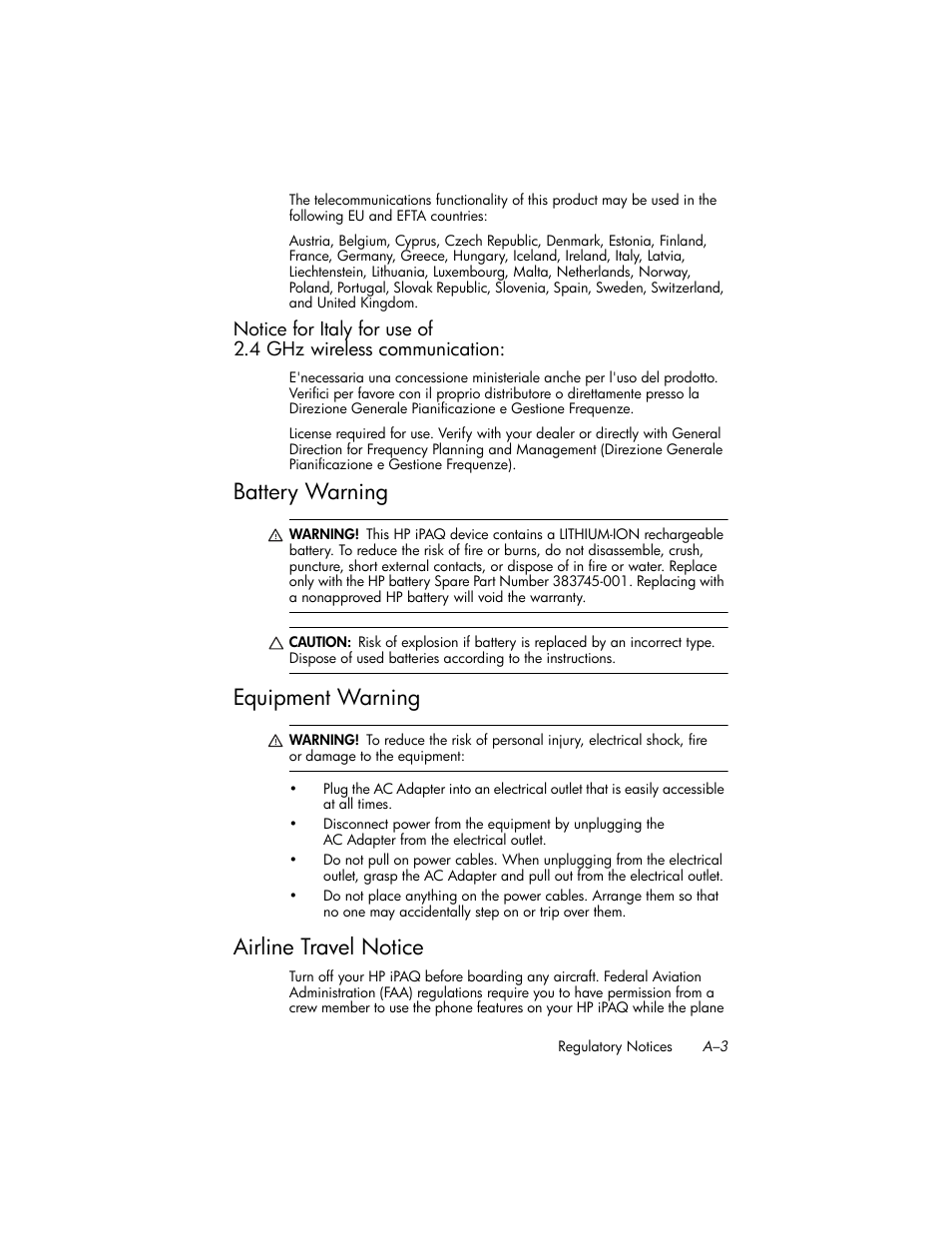 Battery warning, Equipment warning, Airline travel notice | Notice for italy for use of | HP iPAQ hw6500 User Manual | Page 155 / 170