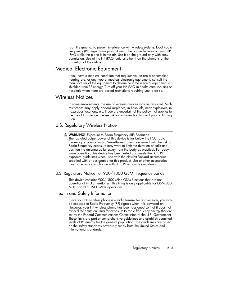 Medical electronic equipment, Wireless notices, U.s. regulatory wireless notice | Health and safety information | HP iPAQ hw6500 User Manual | Page 156 / 170