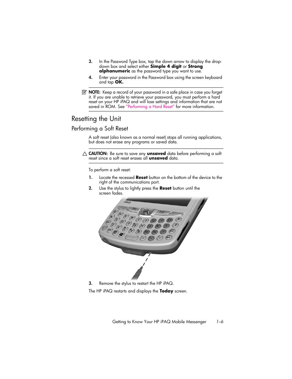 Resetting the unit, Performing a soft reset, Resetting the unit –6 | Performing a soft reset –6 | HP iPAQ hw6500 User Manual | Page 16 / 170