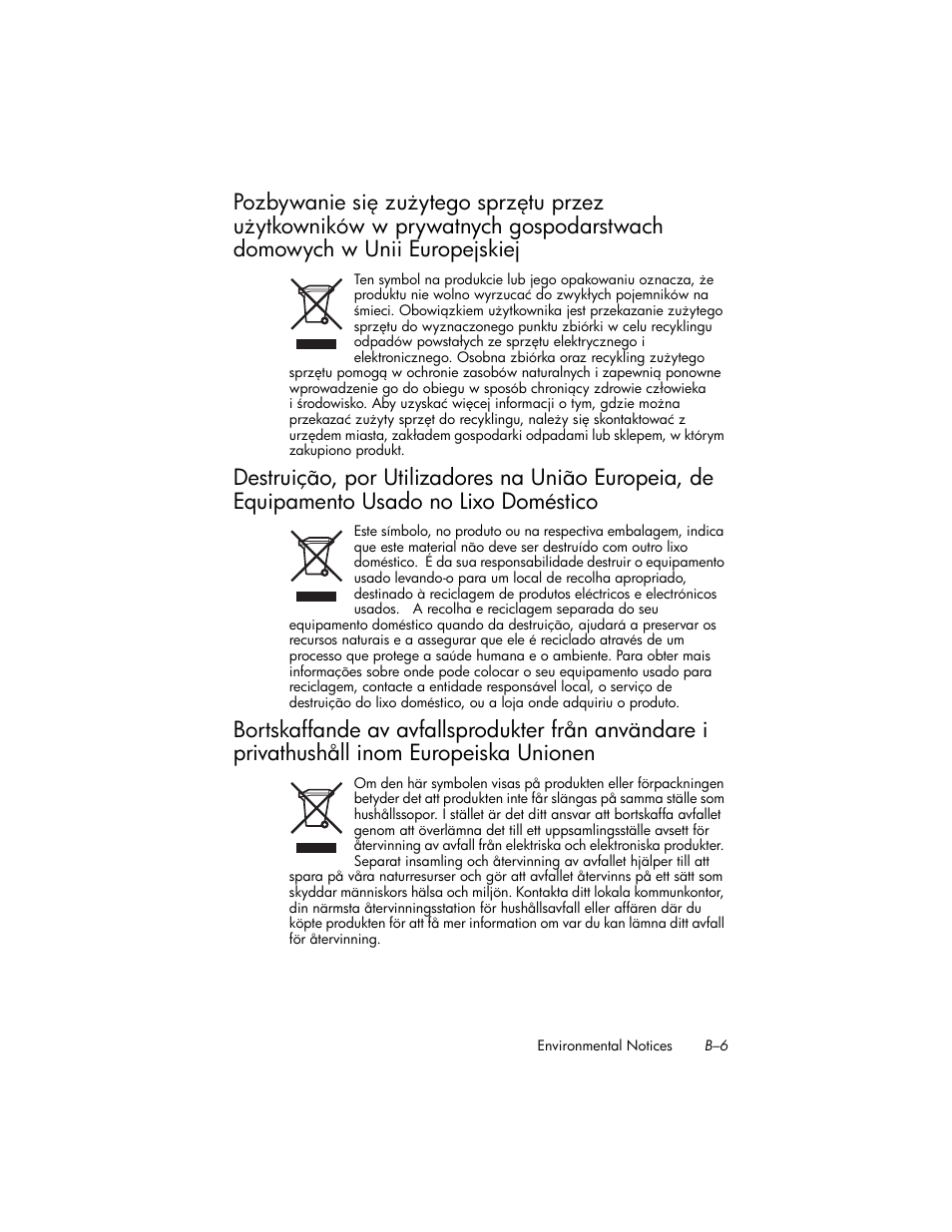 Destruição, por utilizadores na união europeia, de, Bortskaffande av avfallsprodukter från användare i | HP iPAQ hw6500 User Manual | Page 164 / 170