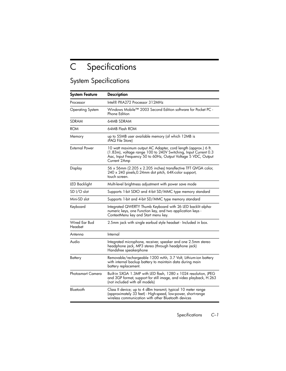 Specifications, System specifications, C specifications | HP iPAQ hw6500 User Manual | Page 166 / 170