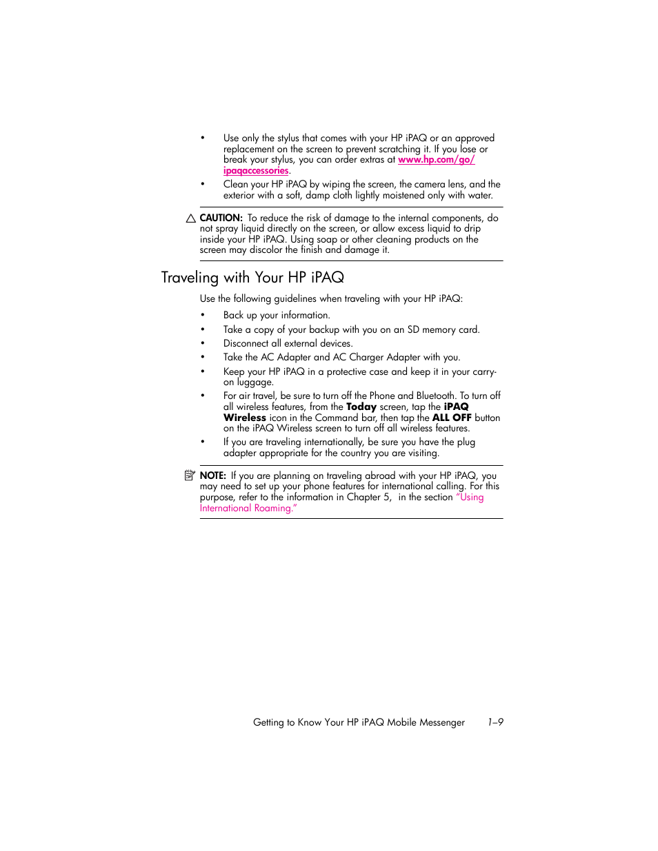 Traveling with your hp ipaq, Traveling with your hp ipaq –9 | HP iPAQ hw6500 User Manual | Page 19 / 170