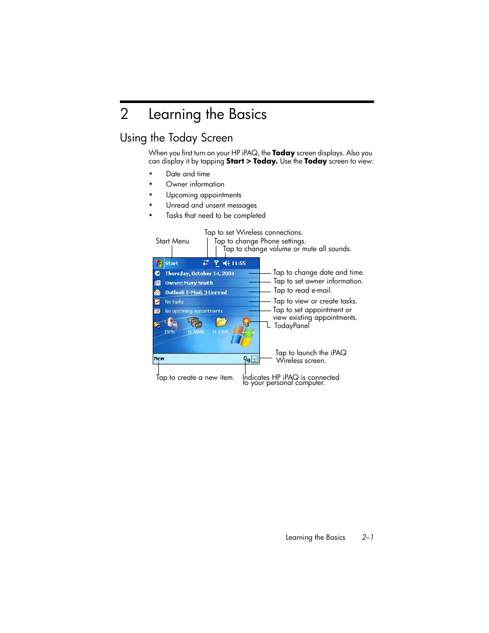 Learning the basics, Using the today screen, 2 learning the basics | Using the today screen –1, 2learning the basics | HP iPAQ hw6500 User Manual | Page 20 / 170