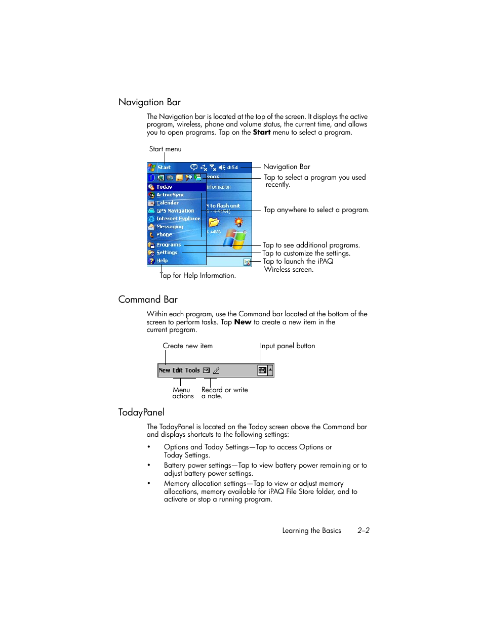 Navigation bar, Command bar, Todaypanel | Navigation bar –2, Command bar –2, Todaypanel –2 | HP iPAQ hw6500 User Manual | Page 21 / 170