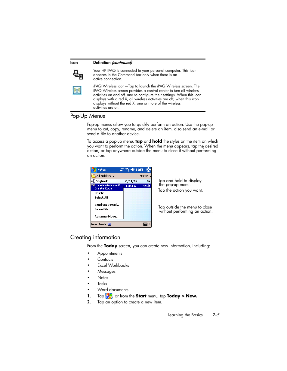 Pop-up menus, Creating information, Pop-up menus –5 | Creating information –5 | HP iPAQ hw6500 User Manual | Page 24 / 170