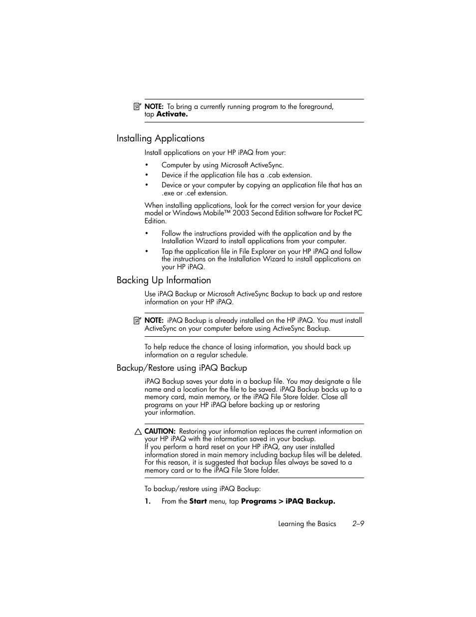 Installing applications, Backing up information, Backup/restore using ipaq backup | Installing applications –9, Backing up information –9 | HP iPAQ hw6500 User Manual | Page 28 / 170