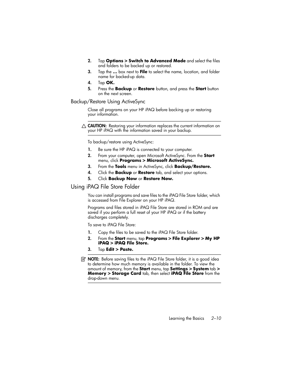 Backup/restore using activesync, Using ipaq file store folder, Using ipaq file store folder –10 | HP iPAQ hw6500 User Manual | Page 29 / 170