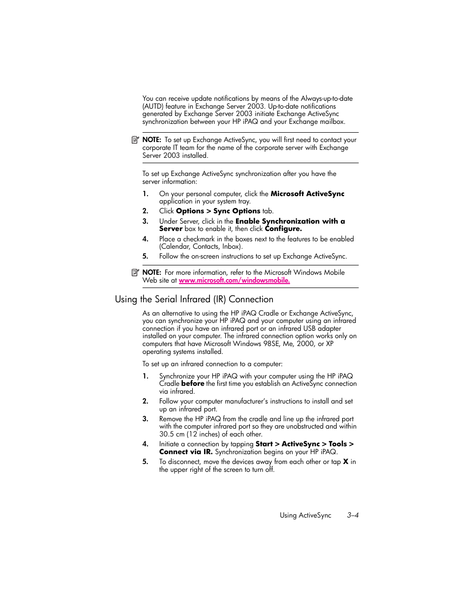 Using the serial infrared (ir) connection, Using the serial infrared (ir) connection –4 | HP iPAQ hw6500 User Manual | Page 33 / 170