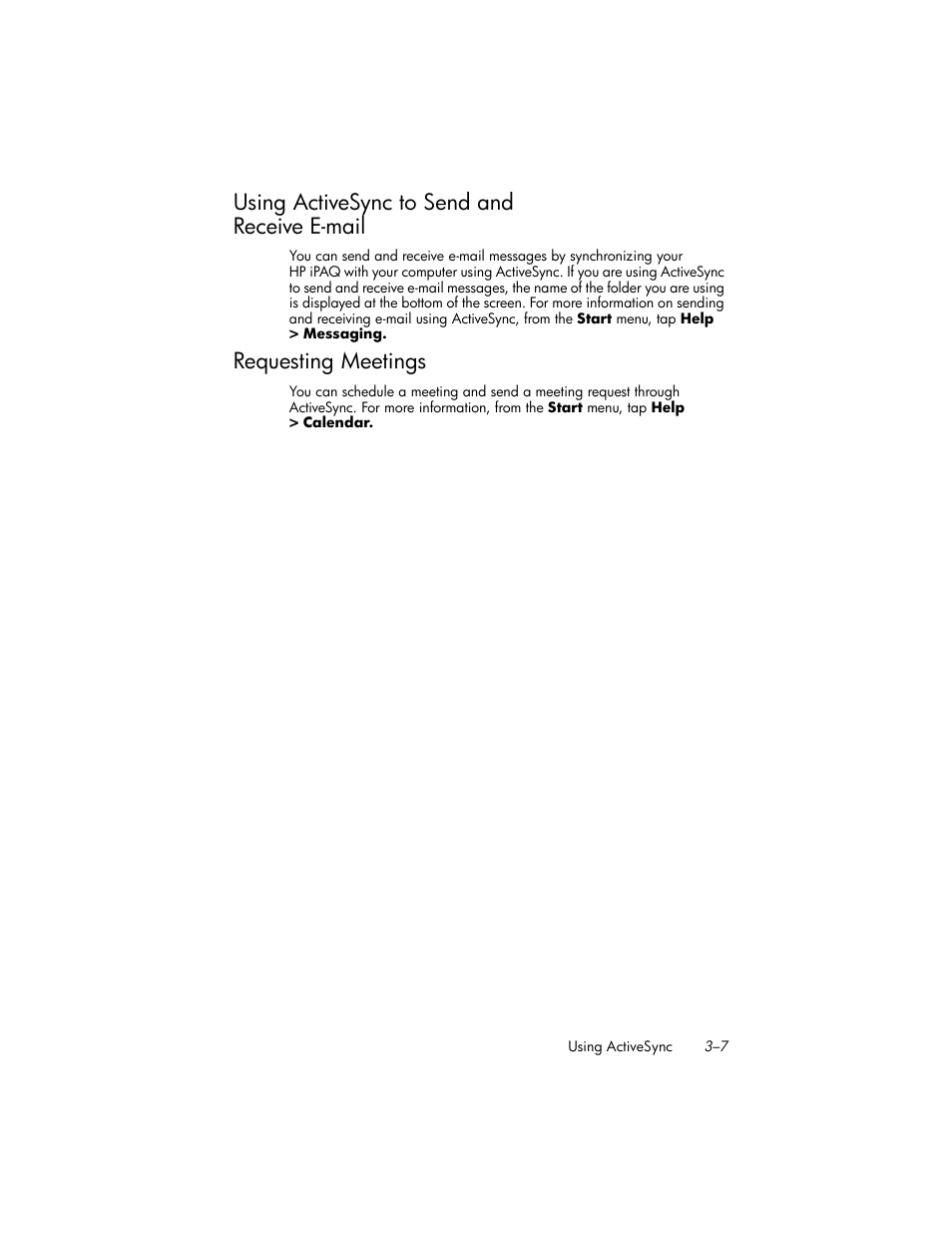 Using activesync to send and receive e-mail, Requesting meetings, Using activesync to send and | Receive e-mail –7, Requesting meetings –7 | HP iPAQ hw6500 User Manual | Page 36 / 170
