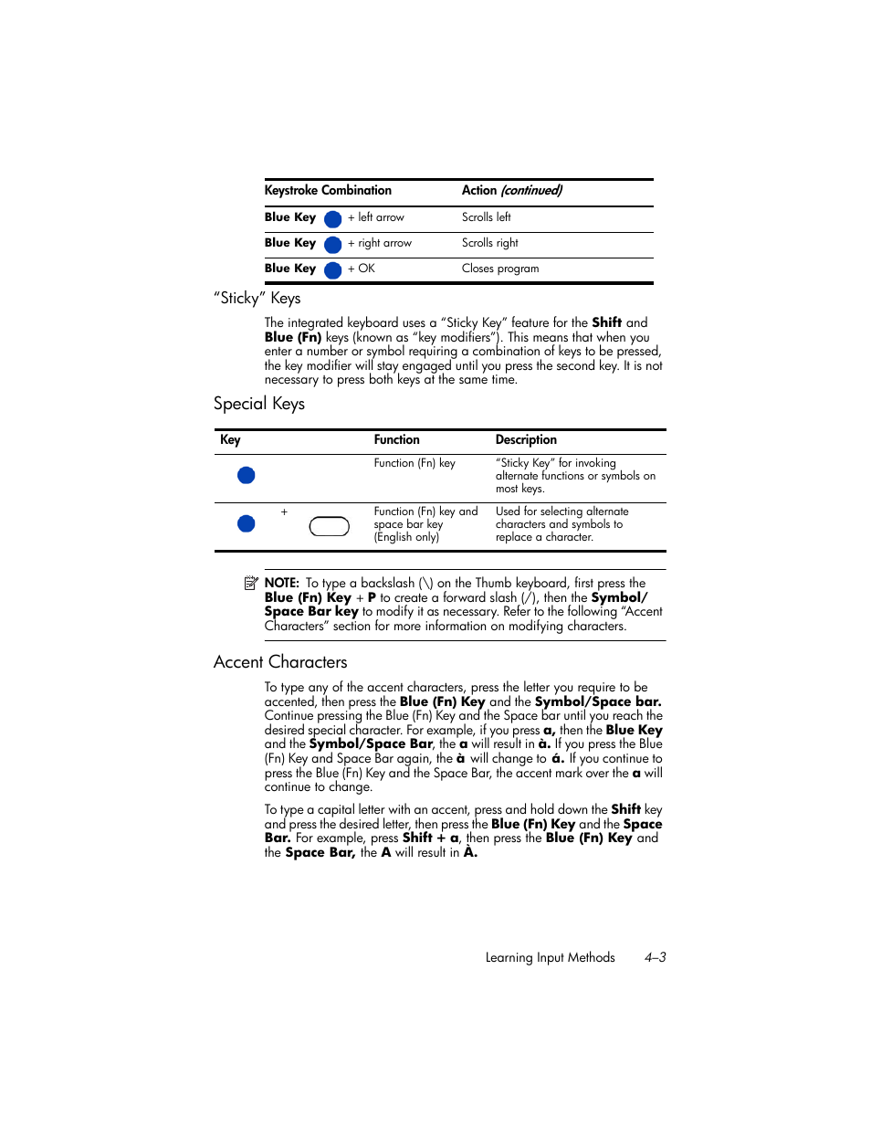 Sticky” keys, Special keys, Accent characters | Special keys –3, Accent characters –3 | HP iPAQ hw6500 User Manual | Page 39 / 170