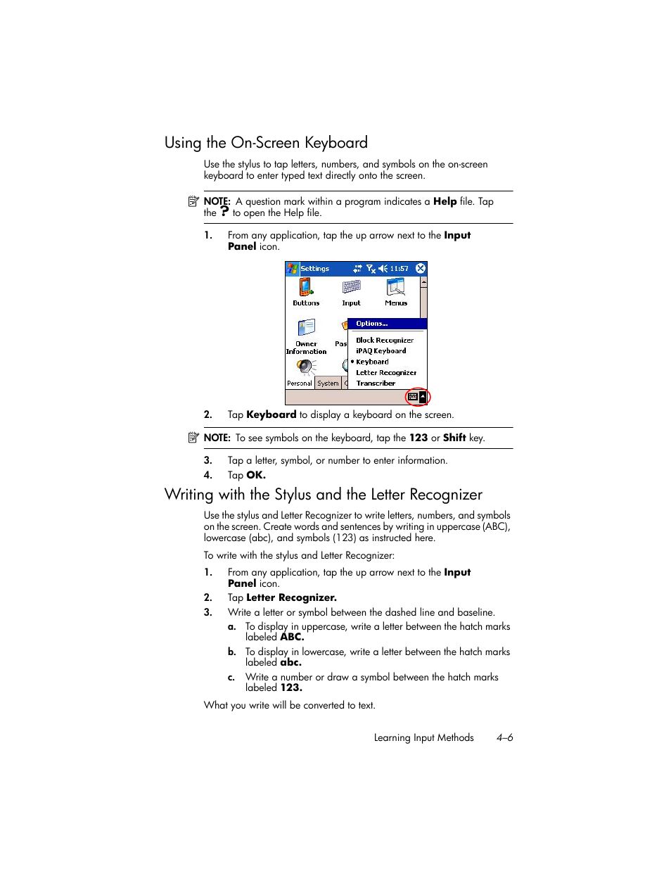 Using the on-screen keyboard, Writing with the stylus and the letter recognizer, Using the on-screen keyboard –6 | HP iPAQ hw6500 User Manual | Page 42 / 170