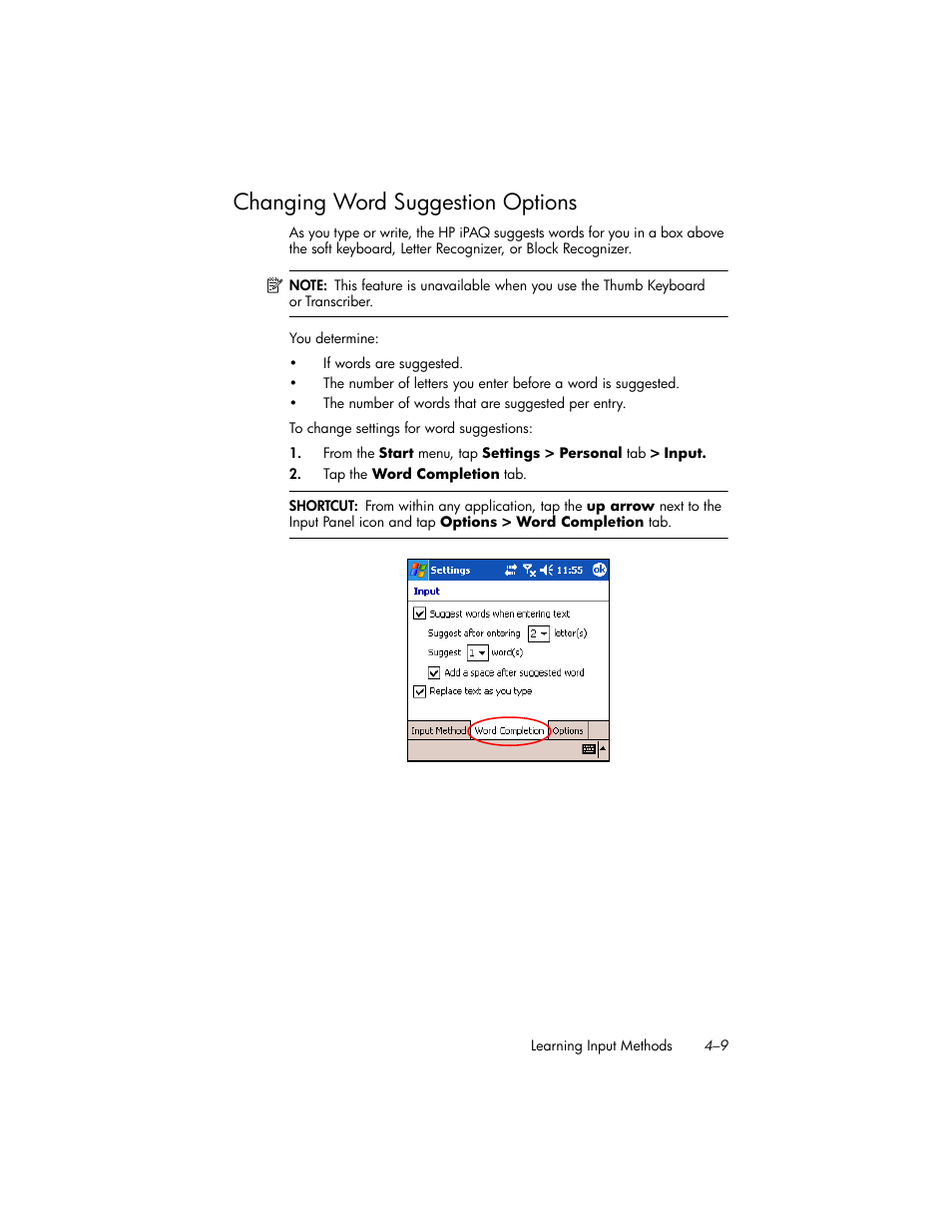 Changing word suggestion options, Changing word suggestion options –9 | HP iPAQ hw6500 User Manual | Page 45 / 170