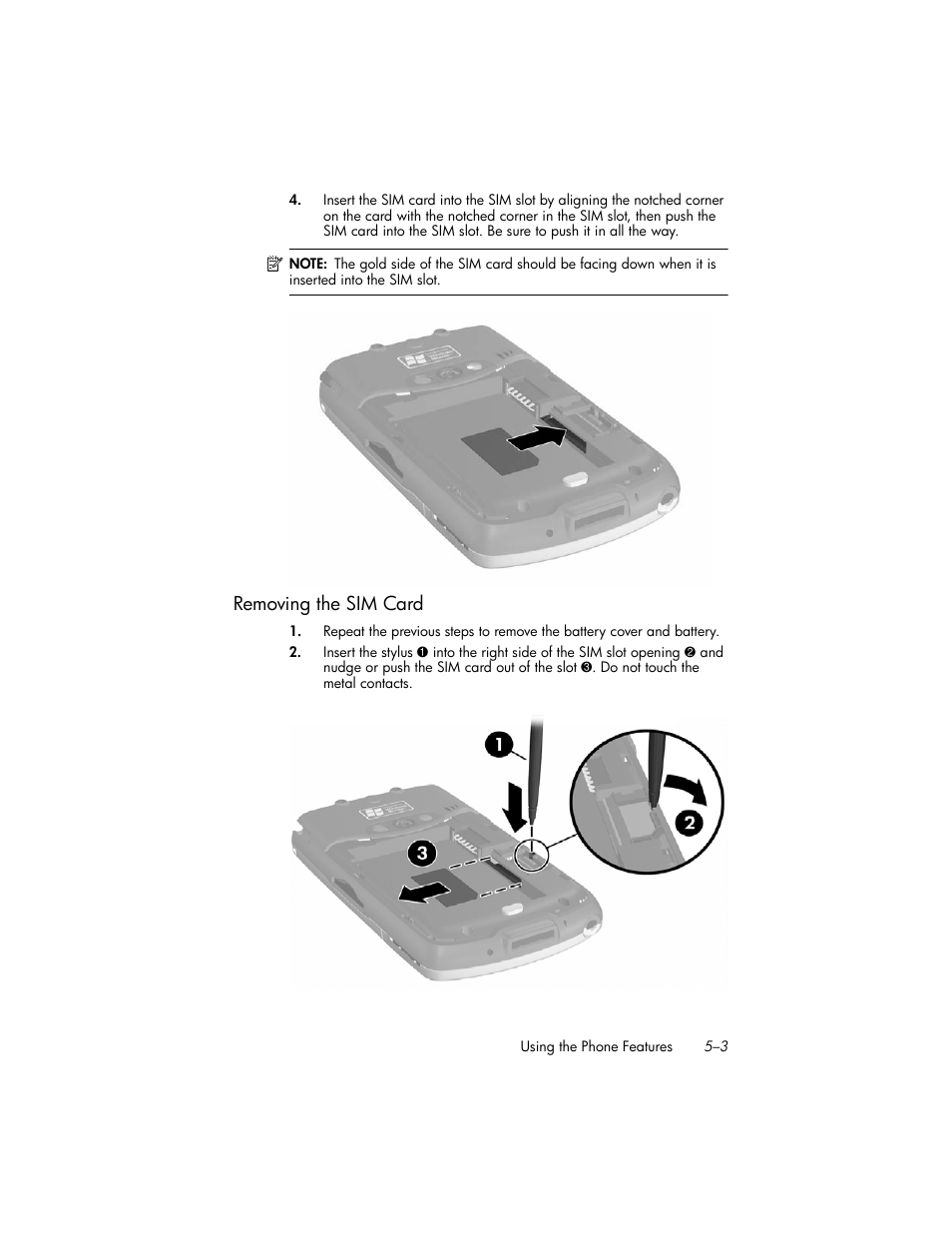 Removing the sim card, Removing the sim card –3 | HP iPAQ hw6500 User Manual | Page 49 / 170