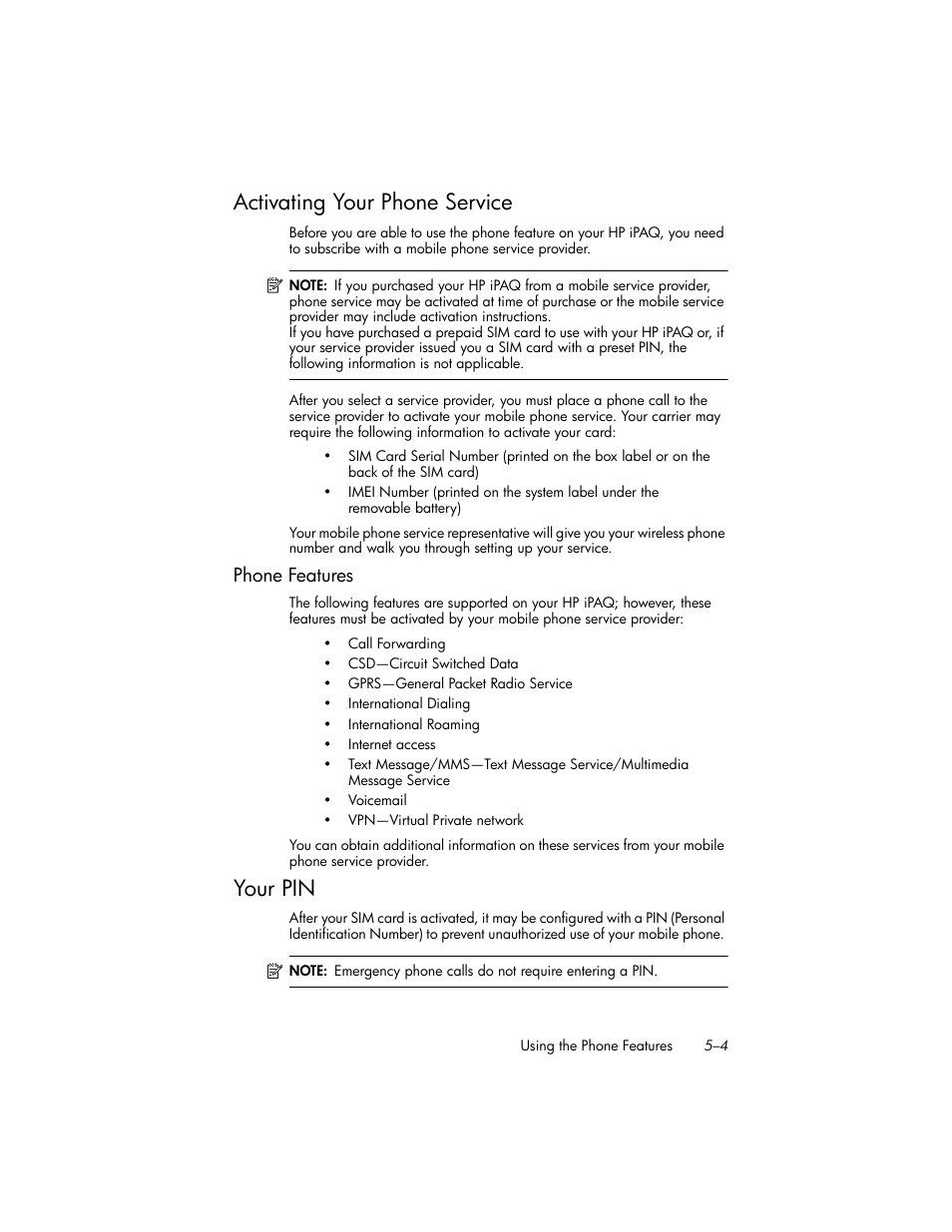 Activating your phone service, Phone features, Your pin | Activating your phone service –4, Phone features –4, Your pin –4 | HP iPAQ hw6500 User Manual | Page 50 / 170