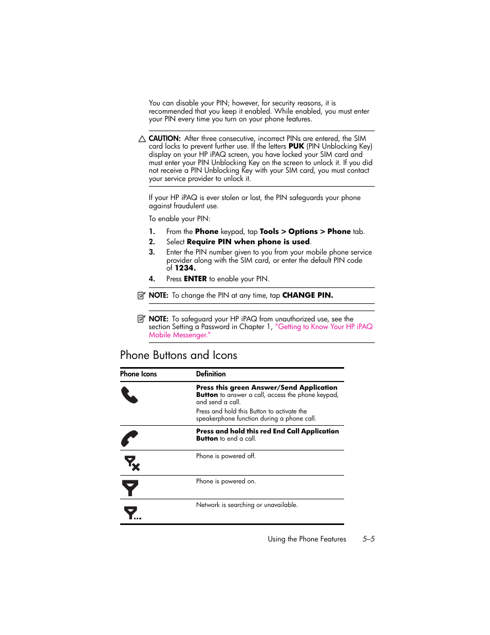 Phone buttons and icons, Phone buttons and icons –5 | HP iPAQ hw6500 User Manual | Page 51 / 170