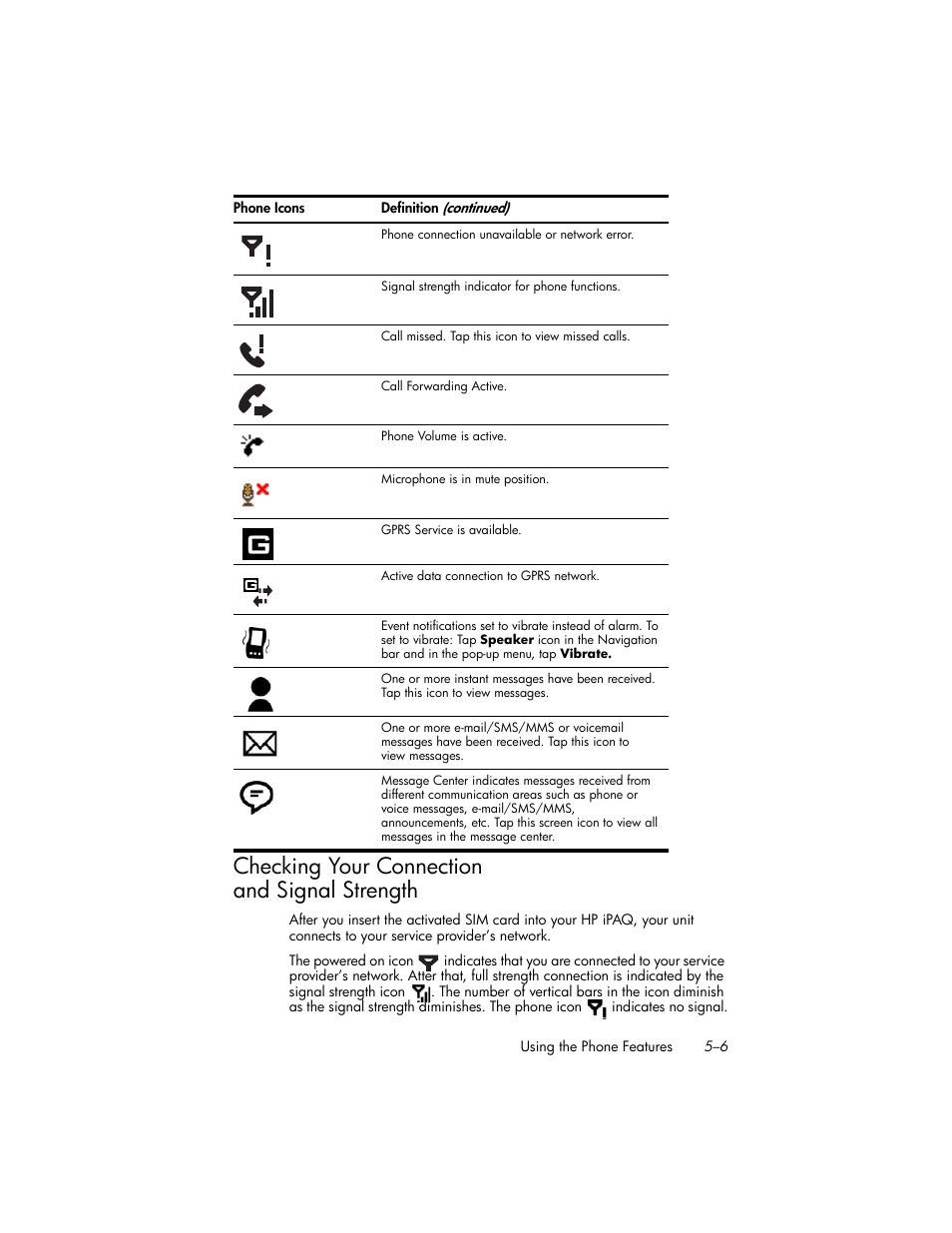 Checking your connection and signal strength, Checking your connection, And signal strength –6 | HP iPAQ hw6500 User Manual | Page 52 / 170