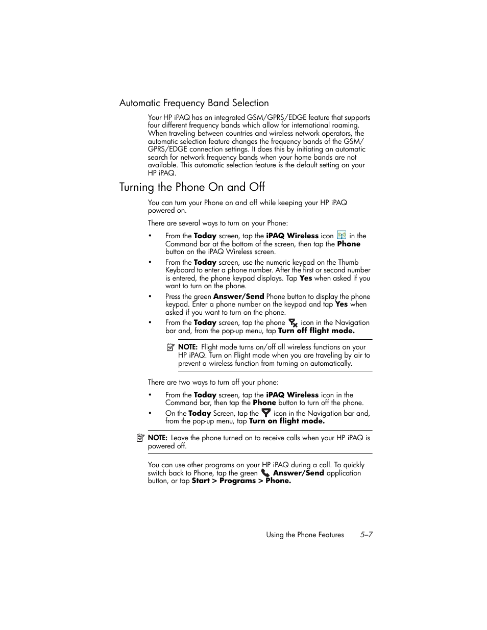Automatic frequency band selection, Turning the phone on and off, Automatic frequency band selection –7 | Turning the phone on and off –7 | HP iPAQ hw6500 User Manual | Page 53 / 170