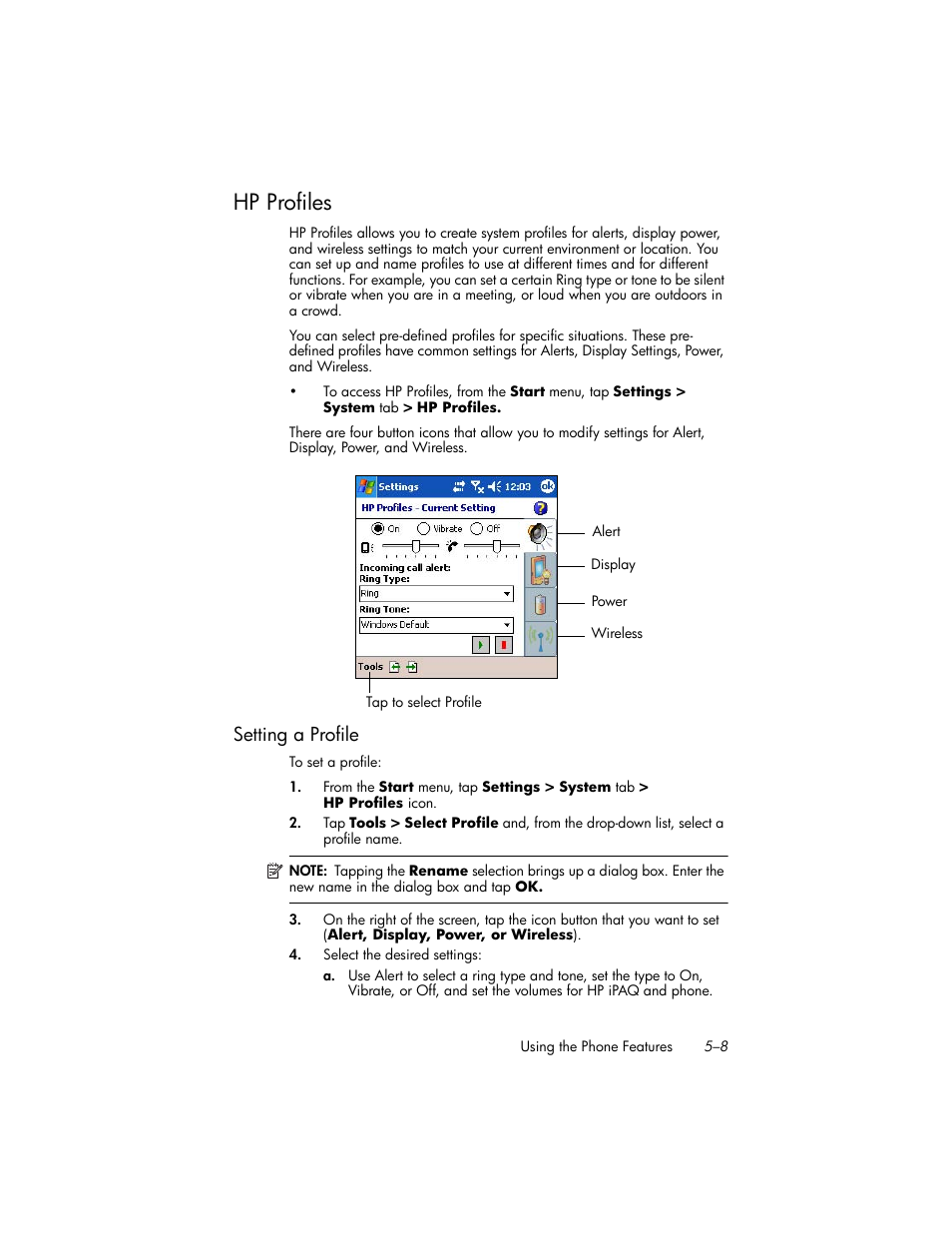 Hp profiles, Setting a profile, Hp profiles –8 | Setting a profile –8 | HP iPAQ hw6500 User Manual | Page 54 / 170