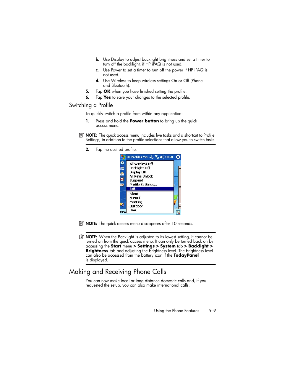 Switching a profile, Making and receiving phone calls, Switching a profile –9 | Making and receiving phone calls –9 | HP iPAQ hw6500 User Manual | Page 55 / 170