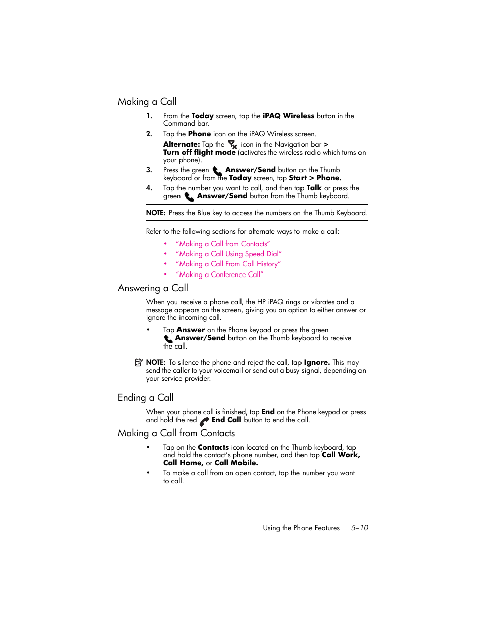 Making a call, Answering a call, Ending a call | Making a call from contacts, Making a call –10, Answering a call –10, Ending a call –10, Making a call from contacts –10 | HP iPAQ hw6500 User Manual | Page 56 / 170