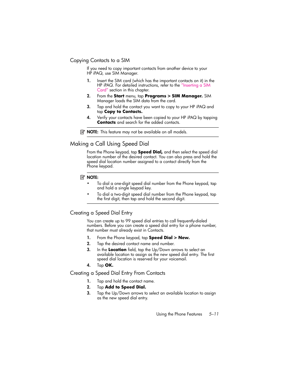 Copying contacts to a sim, Making a call using speed dial, Creating a speed dial entry | Creating a speed dial entry from contacts, Making a call using speed dial –11 | HP iPAQ hw6500 User Manual | Page 57 / 170