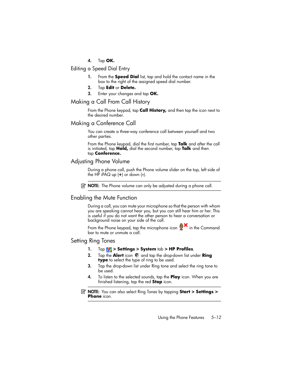Editing a speed dial entry, Making a call from call history, Making a conference call | Adjusting phone volume, Enabling the mute function, Setting ring tones, Making a call from call history –12, Making a conference call –12, Adjusting phone volume –12, Enabling the mute function –12 | HP iPAQ hw6500 User Manual | Page 58 / 170