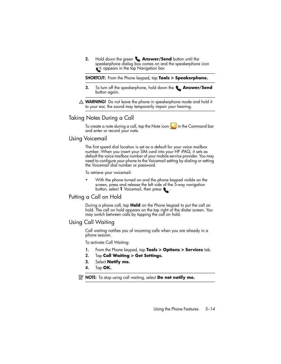 Taking notes during a call, Using voicemail, Putting a call on hold | Using call waiting, Taking notes during a call –14, Using voicemail –14, Putting a call on hold –14, Using call waiting –14 | HP iPAQ hw6500 User Manual | Page 60 / 170