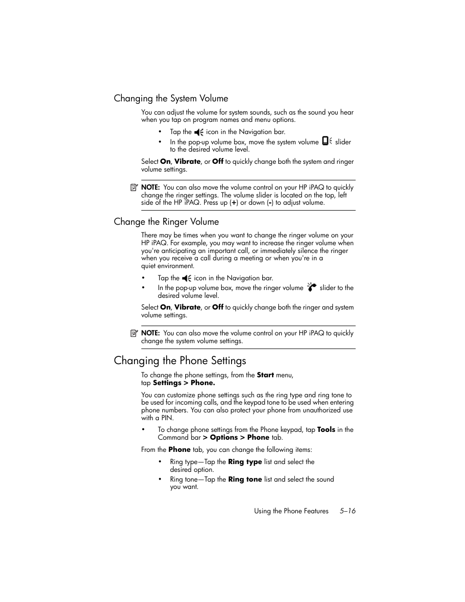 Changing the system volume, Change the ringer volume, Changing the phone settings | Changing the system volume –16, Change the ringer volume –16, Changing the phone settings –16 | HP iPAQ hw6500 User Manual | Page 62 / 170