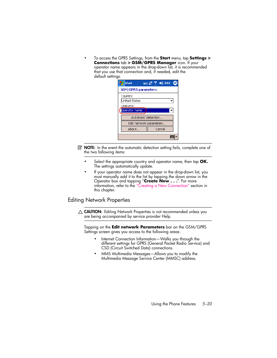 Editing network properties, Editing network properties –20 | HP iPAQ hw6500 User Manual | Page 66 / 170