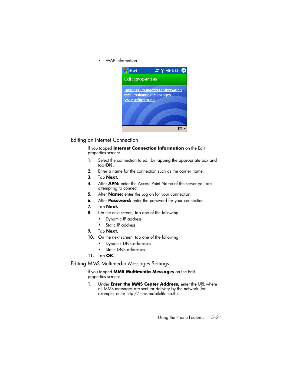 Editing an internet connection, Editing mms multimedia messages settings | HP iPAQ hw6500 User Manual | Page 67 / 170