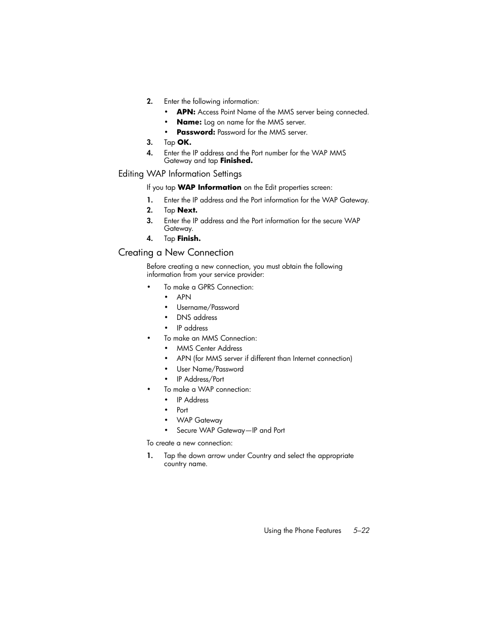 Editing wap information settings, Creating a new connection, Creating a new connection –22 | HP iPAQ hw6500 User Manual | Page 68 / 170