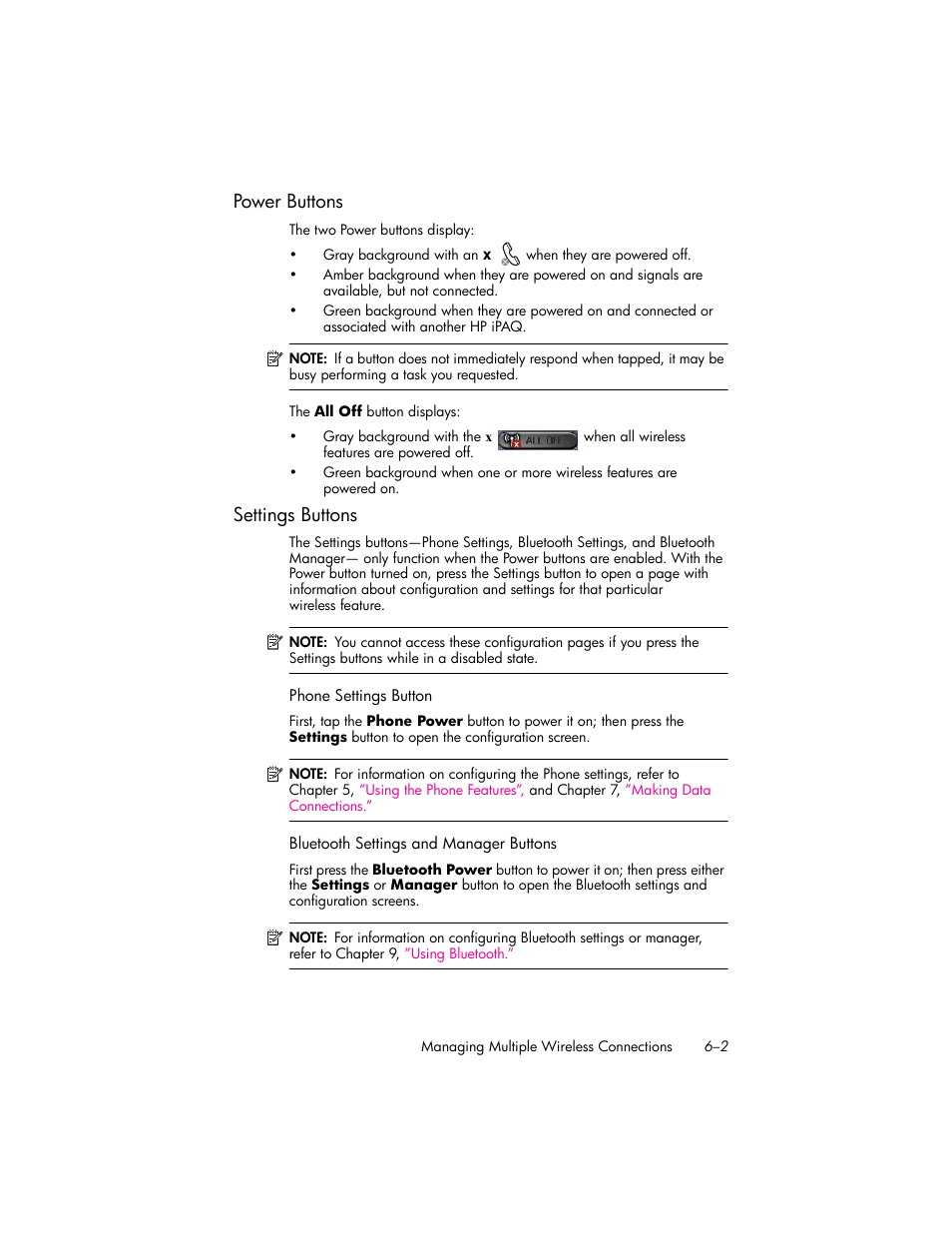 Power buttons, Settings buttons, Power buttons –2 | Settings buttons –2 | HP iPAQ hw6500 User Manual | Page 73 / 170