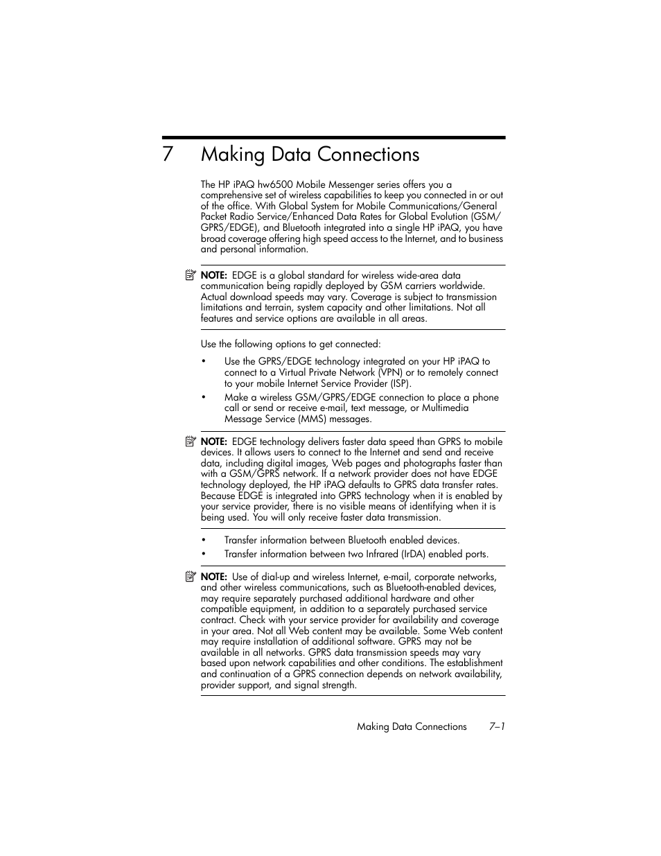 Making data connections, 7 making data connections, And chapter 7 | Making data, Connections, 7making data connections | HP iPAQ hw6500 User Manual | Page 75 / 170
